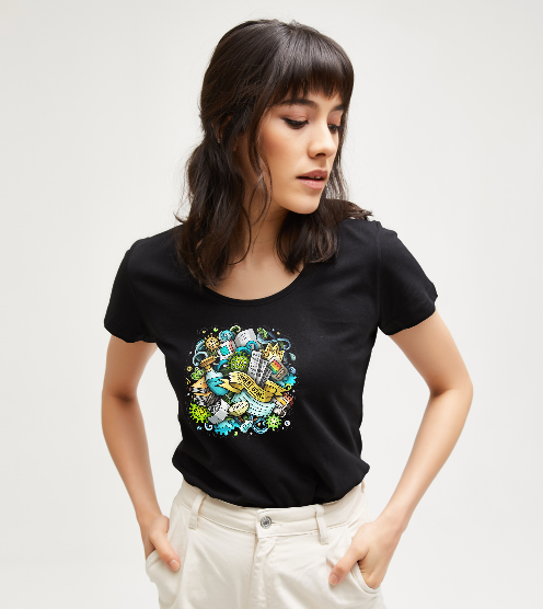 Karantine-karikatur-cizimi-siyah-kadin-tshirt-kadin-tshirt-tasarla-on3