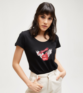 Rock N Roll Winged Lips Black Women's Tshirt