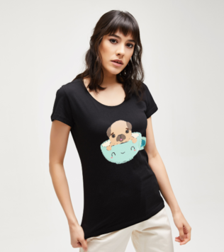 Kahve ve Pug Siyah Kadın Tshirt