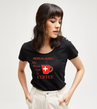 Kahve Severler Tıbbi Uyarı Siyah Kadın Tshirt