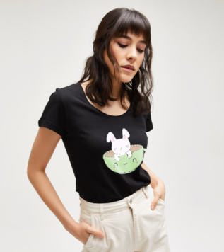 Kahve Tavşanı - Kawaii Siyah Kadın Tshirt