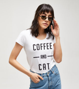 Kahve ve Kedi Beyaz Kadın Tshirt