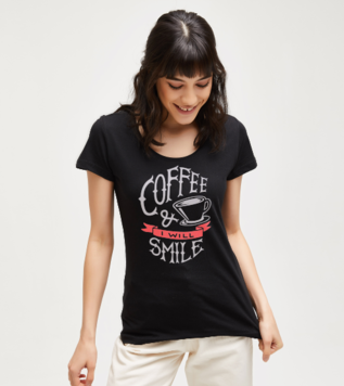 Kahve ve Keyfim Yerinde Siyah Kadın Tshirt